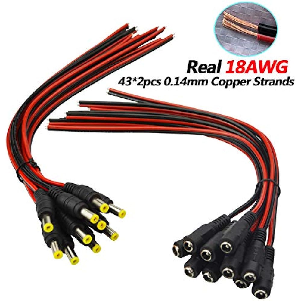Real 18AWG 43x2pcs Wires 10 Pairs DC Power Pigtail Cable, 12V 5A Male