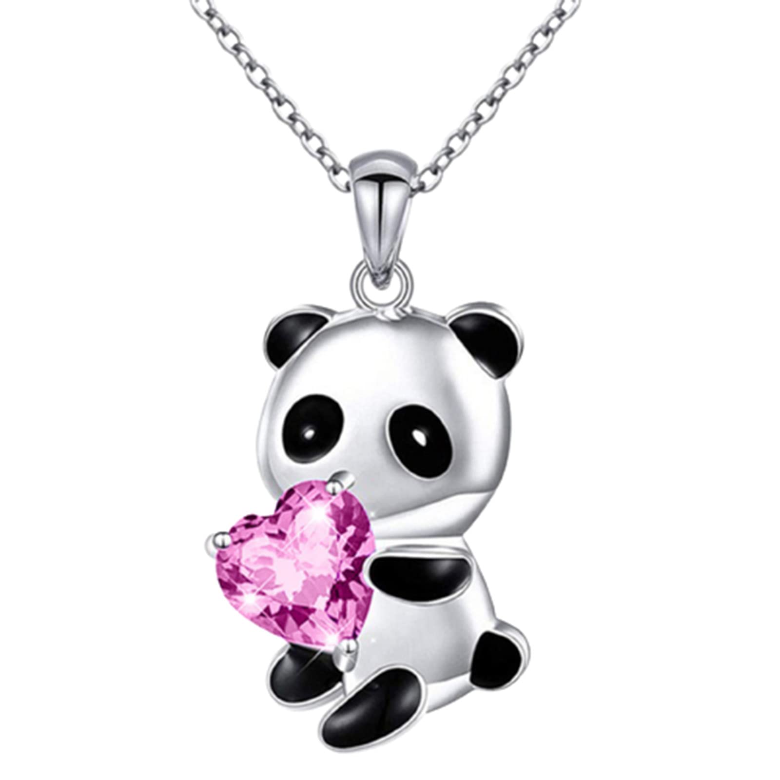 Yienate Panda Love Choker - Silver Panda Heart Crystal Bear Pendant Necklace Chain - Cute Animal Jewellery Gift for Women & Girls