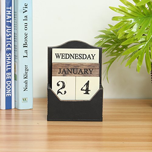 CAVEEN Vintage Wooden Block Perpetual Calendar Desk Accessory Retro Chic Rustic Any Year/Month / Day Block Calendar for Home Office Decoration Black