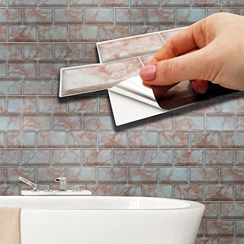 WALPLUS Wandfliesen Aufkleber 60pcs 11.2x5.5"/28.5x14cm Rose Marble Subway Brick fliesenaufkleber Klebefliesen Selbstklebende tapete Fliesenfolie Küche Schälen und Stick fliesen