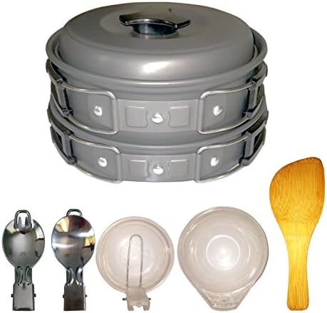 Camping Cookware Mess Kit, Outdoor Cooking Equipment and Hiking Cookset Backpacking, Lightweight Non-stick Aluminum Pot and Pan with Folding Spork and Fork, Bowls, Nylon Bag