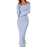 MEROKEETY Women's Winter Off Shoulder Bodycon Sweater Dress 2026 Spring Formal Long Sleeve Elegant Club Party Midi Dresses