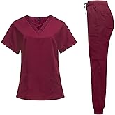VIAOLI Scrubs for Women Set Modern V-Neck Top & 8 Pocket Jogger Pants Nursing Uniform Solid Stretch Workwear