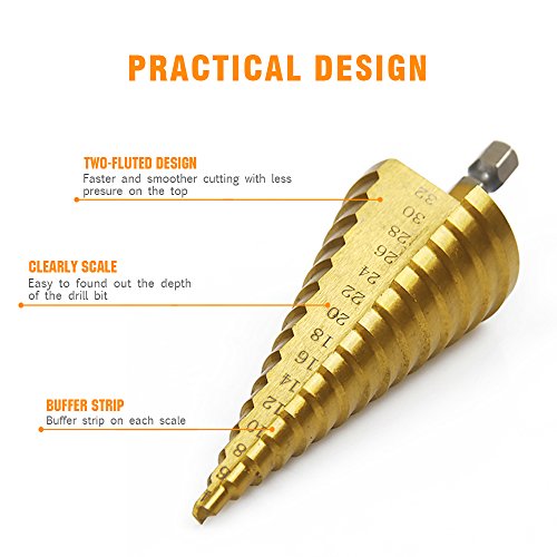 Xilko 3Pcs High-Speed Steel Step Drill Bit Set Power Tools Cone Titanium Coated Metal Hole Cutter 1/4" Hex Shank Drive Quick Change 4-12mm/4-20mm/4-32mm - Thumbnail 5
