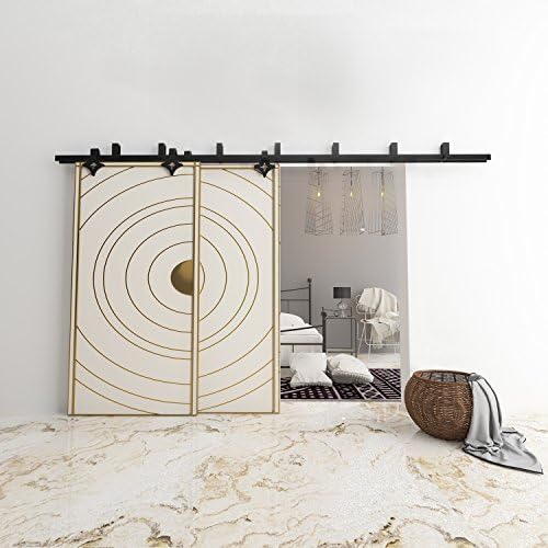 Vancleef 8FT Bypass Door Kit Sliding Barn Door Hardware, Diamond Design, New Style U-Bracket, Black Rustic, Interior and Exterior, With Quiet Glide Roller and Descriptive Installation Manual