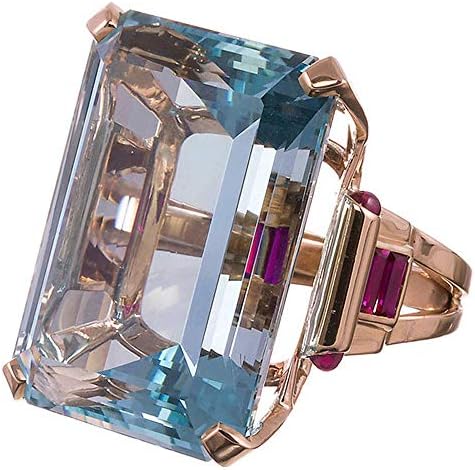 Clearance! DDLBiz New Aquamarine Ring Wedding Ring Emerald Cut Blue Rose Gold for Lovers (8#)