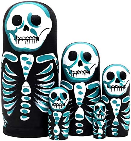 5Pcs Beautiful Handmade Wooden Russian Nesting Dolls Skull Matryoshka Dolls Gift for Halloween and Birthday - Stacking Doll Set of 5 from 6.3" Tall（Halloween Skeleton