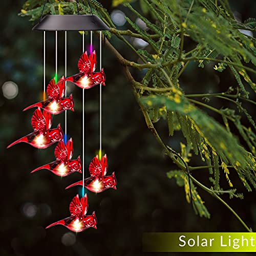 XIEYUZEUS Solar Wind Chimes Cardinal Bird,Solar Cardinal Red Bird Wind Chime Light, with 6 Vivid Hummingbirds Multicolor Led Light，Holidays, Courtyards, Decorations As Gifts