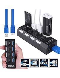 USB 3.0 Hub, Gyges 4 Port Hub USB 3.0 SuperSpeed Individual Interruptor de encendido apagado con 5 Gbps velocidad de transferencia para Apple MacBook Air, Pro, iPad Portátil, carga, Negro