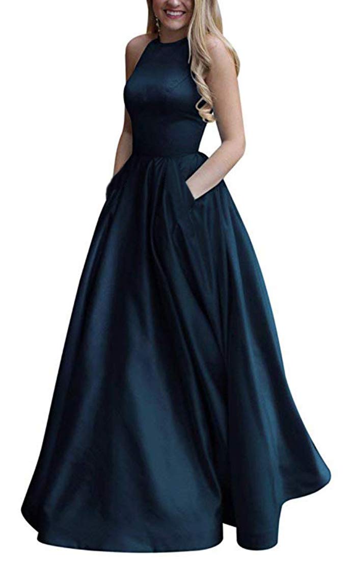 Uryouthstyle Formal Halter Long Prom Dresses with Pockets Party Dress