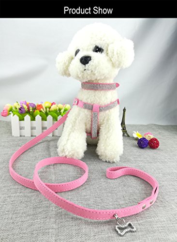 Newtensina Dog Collar & Harness & Lead Sets Fashion Dog Collar Diamante with Harness & Leashes Comfortable Soft Suede Collar Harness and Leashes Set for Dog - Pink - M - Thumbnail 2