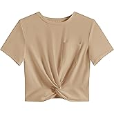 LYANER Women's Short Sleeve Twist Front Crop Tops Tee T-Shirt with Light Khaki Large