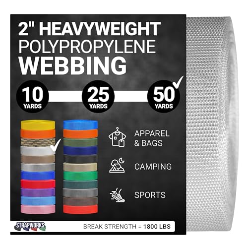 Strapworks Heavyweight Polypropylene Webbing - Heavy Duty Poly Strapping for Outdoor DIY Gear Repair, 2 Inch x 50 Yards - White