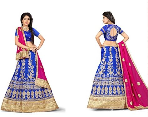 Arihant Silk Mills Women's Satin & Chiffon Unstitched Lehenga Choli (Blue & Pink)