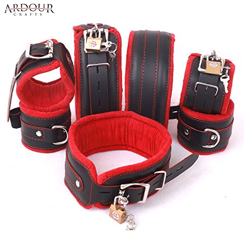 Natural Cow Hide Leather Wrist, Ankle & Thigh Cuffs and Neck Collar Set 7 Pieces Padded Cuffs Real & Authentic Leather Red & Black