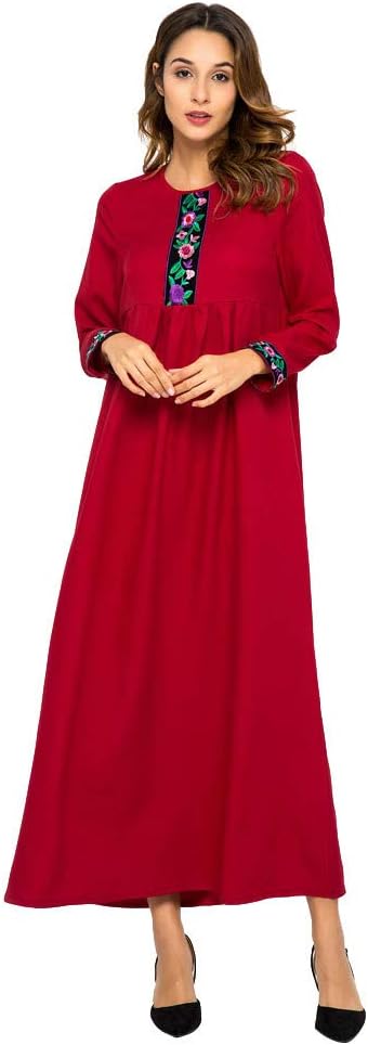 CUTUDE Women Muslim Maxi Round Neck Dress Long Robe Ladies Embroidered Pleated Belt Loose Gowns 2019