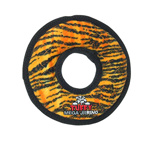 TUFFYWorld's Tuffest Soft Dog Toy - MEGA Ring - Squeakers -Multiple Layers. Made Durable, Strong & Tough. Interactive Play (Tug, Toss & Fetch). Machine Washable & Floats. (Junior, Tiger)