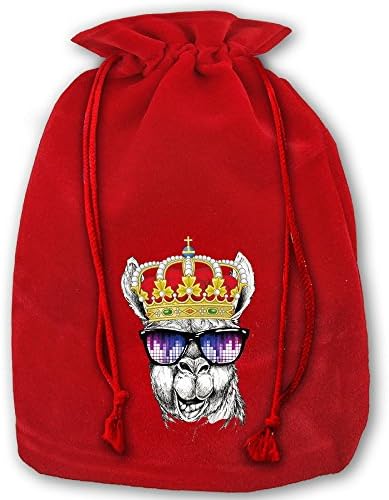 Personalized Drawstring Santa Sack Red Llama Crown Glasses Christmas Gift Bag Party Favor Bags For X-mas Size 13.8" X 17.7"