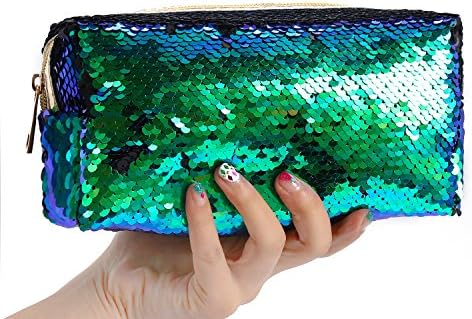 ROOSSI Reversible Sequins Pencil Case Holder Makeup Pouch Cosmetics Bag Multi Green