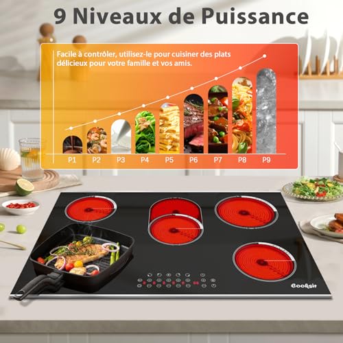 Cooksir Ceramic Hob 5 Burners with Frame, Built-in Electric Hob, 77 cm, Infrared Heat, 8400 Watt, Oval Zone for Grill, Ceramic Glass, Timer, 230V, 50Hz Built-in