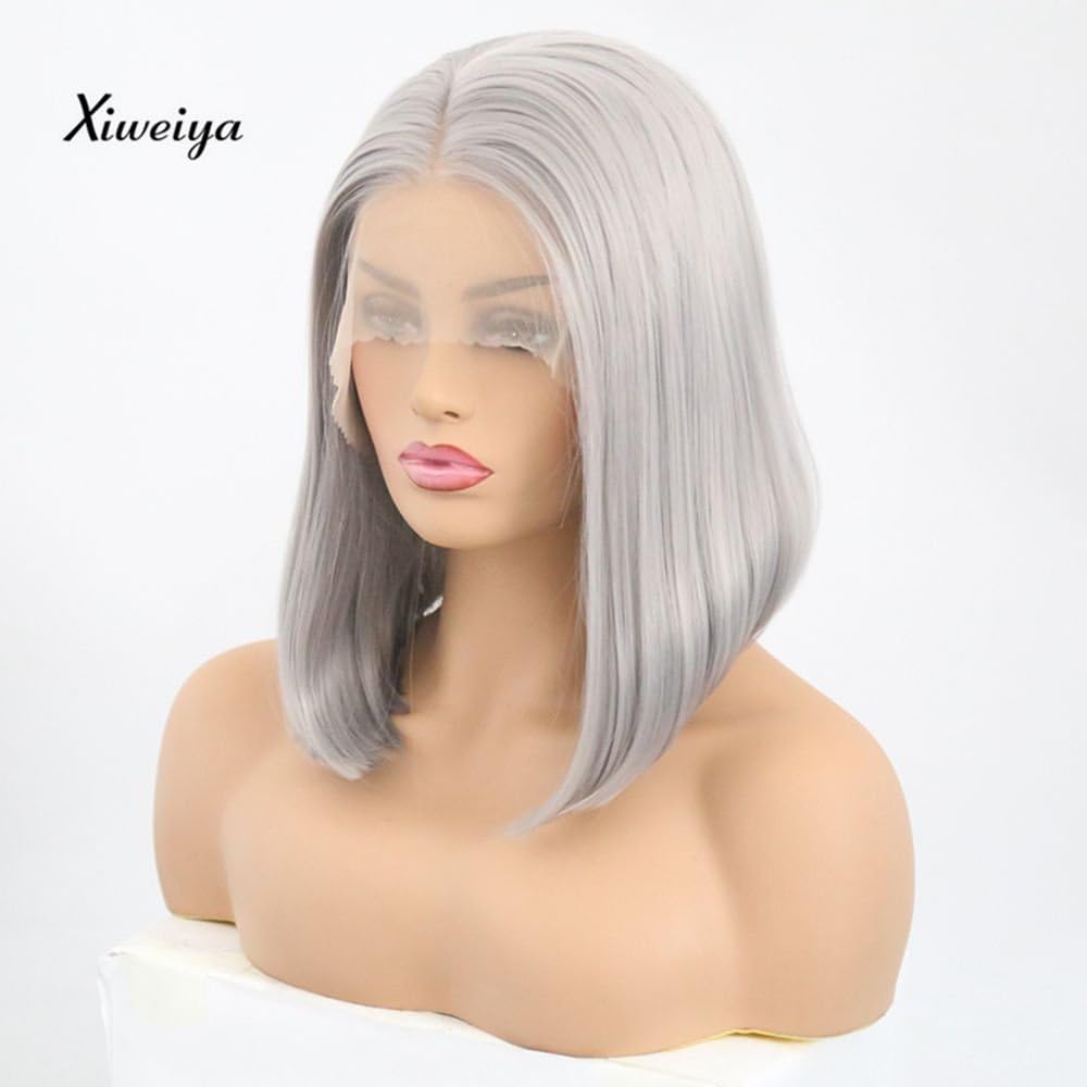 Xiweiya Silver Grey Short Straight Hair Synthetic Lace Wigs Short Bob Synthetic Lace Front Wigs For Women Platinum Blonde Heat Resistant Fiber Hair Middle Parting…