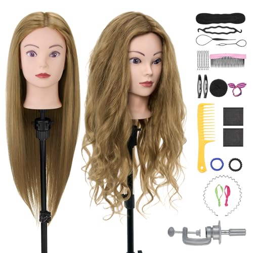 Neverland 28 Inch Professional Hairdressing Head, 80% Human Hair, Cosmetology Mannequin Doll for Salon with Stand + Hairdressing Tools Accessories Set (Blonde)