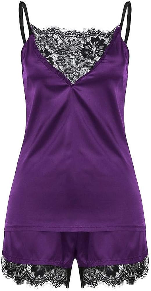 ZEFOTIM Pajamas Set, Women Sleepwear Sleeveless Strap Nightwear Lace Trim Satin Cami Top Pajama Sets at  Women’s Clothing store