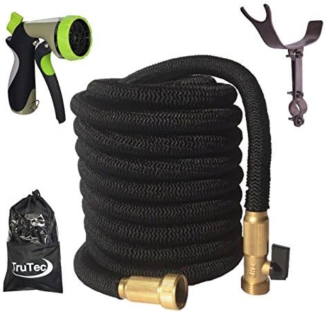 TruTec 100 Foot, Triple Layer Latex Core, Solid Brass Fitting Shut Off Valve Spray Nozzle Stainless Steel Holder, Expanding Garden Hose - Black