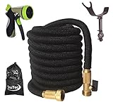 New Design Expandable Garden hose, Triple Layer Latex Core, 48 Ply, Solid Brass Fitting Shut Off Valve Spray Nozzle Stainless Steel Holder (50ft Black)