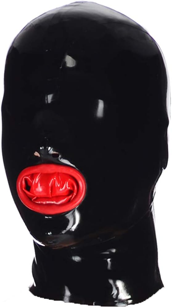 EXLATEX Latex Hood Mask Rubber Mouth with Inner Red Condom Asphyxia Mask without