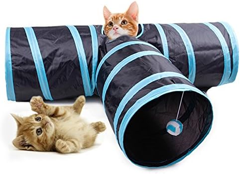 T-shape Cat Tunnel, 3 Ways Open Hole, Foldable Creak Pet Toy with Hanging Pompon for Cat, Kitty, Kitten, Puppy, Rabbit