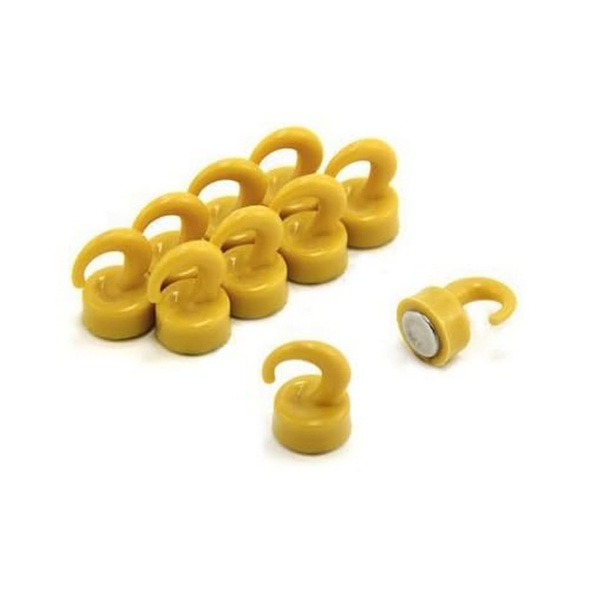 Yellow Plastic Mini Magnetic Hooks for Fridge, Office, Whiteboard, Noticeboard, Filing Cabinet - 12mm dia x 20mm tall - 1kg Pull - Pack of 10