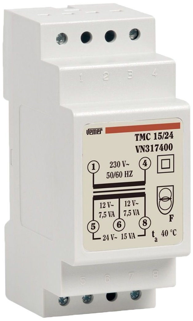 VEMER VN317400 model TMC 15/24 DIN-rail mounting safety transformer for continuous service 230V/12-24V. Color Grey
