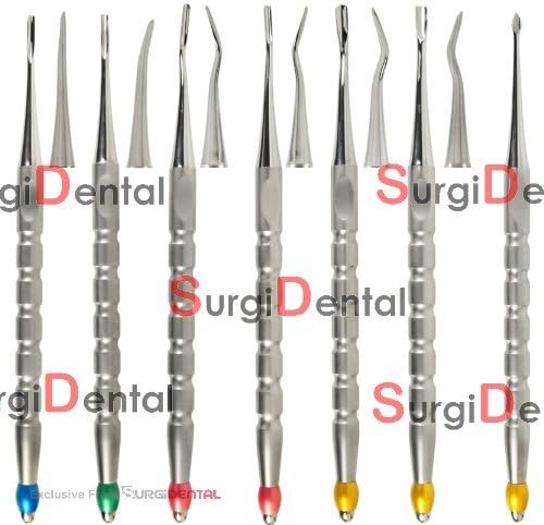 Proxi-Lux Set of 7 Dental Root Elevator Straight Curved Mesial Distal Spade by SurgiDental