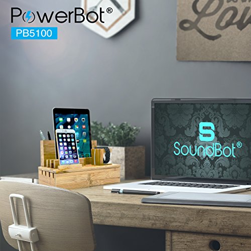 PowerBot PB5100 40Watt 8Amp 5 USB Port Rapid Charger Universal Desktop Charging Station w/Bamboo Finish, Multi Device Charging Dock, Organizer Stand for Tablets, Apple Watch, Smartphones up to 5.7" - Thumbnail 2