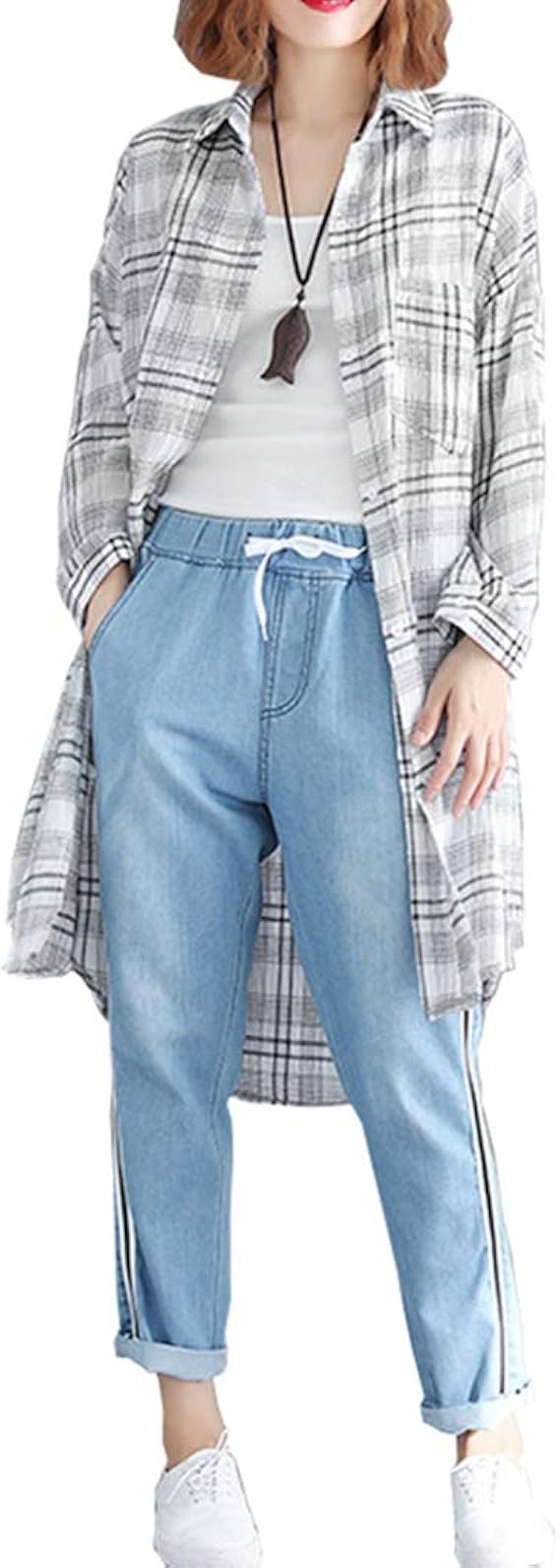 Amazon ブラウス レディース シャツ カーディガン トップス 綿 コットン ラペル 長袖 ボタン ロング ゆったり 通学 通勤 普段着 カジュアル 灰色 青色 褐色 Xl Xxl チェック柄 無地 シャツ ブラウス 通販