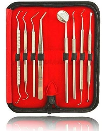 8er Dental Zahnpflege Set | Zahnreinigung Zahnsteinentferner | Zahninstrumente aus Edelstahl | Mit Zahnsonde Pinzette Mundspi