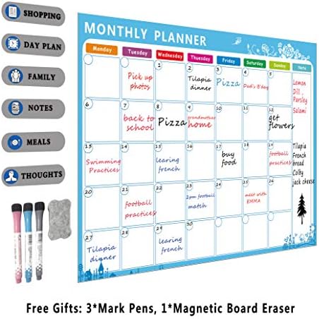 Magnetic Chore Chart for Kids - 3 Chalk Markers - Children's Dry Erase Chalkboard Calendar for Chores - Easy-to-Clean Reusable Family Refrigerator Whiteboard - Monthly Planner (Blue)