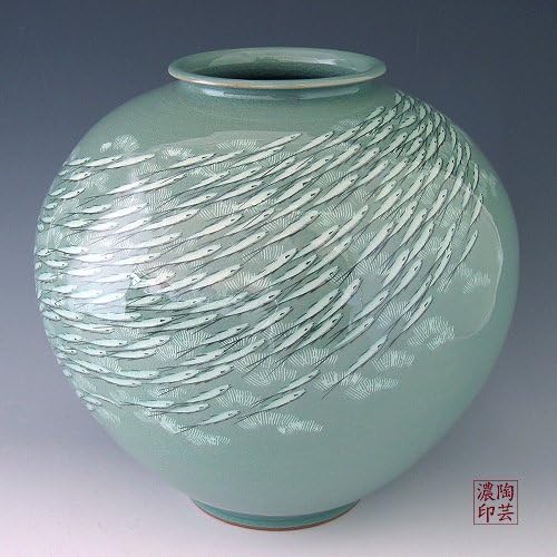 Korean Celadon Glaze Inlaid White Fish Design Green Porcelain Ceramic Inlay Pottery Kitchen Home Decor Decorative Round Globe Jar
