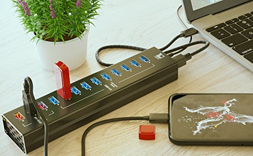 USB Hub Powered - Multi Port USB Hub with 10 USB 3.0 Ports, 3 Charging Ports, Cords C and A, Power Adapter - Black - by Latorice
