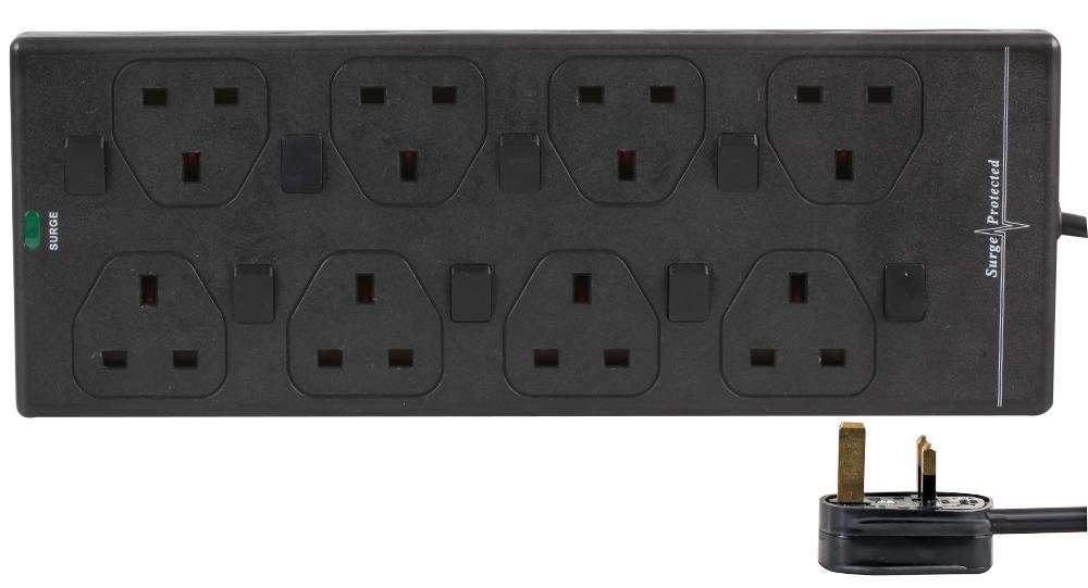 PRO ELEC 8 Gang Surge Protected Extension Lead – 2m Cable, Individually Switched Sockets, UK Plug, Black – LED Surge Indicator & Mountable Design – PELB1939