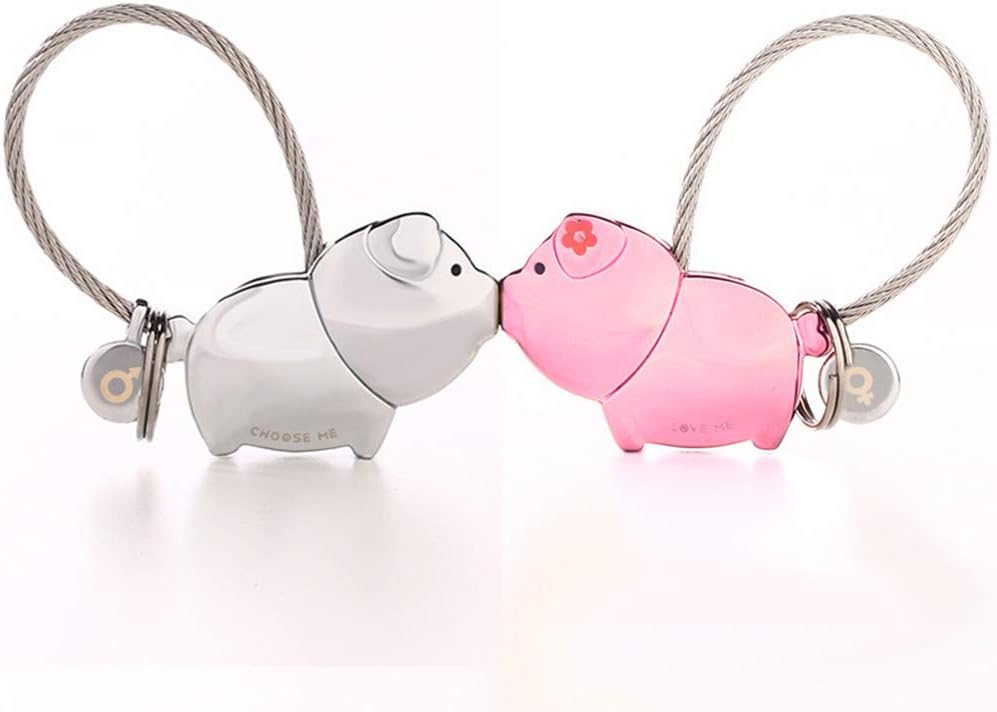 MILESI Custom Personalized Kiss Pig Couple Keychain with Magnetic Cute Couple Gift Valentine's Present(silver-pink)