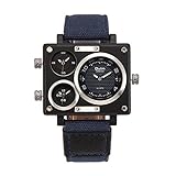 OULM 3595 Men's Military Sport Multi Time Zone Canvas Band Quartz Square Dial Watch-Dark Blue Antique