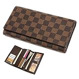 Wallets for Women Leather Trifold Clutch Checkbook Purse RFID Blocking with Credit Card Holder Organizer (Brown)
