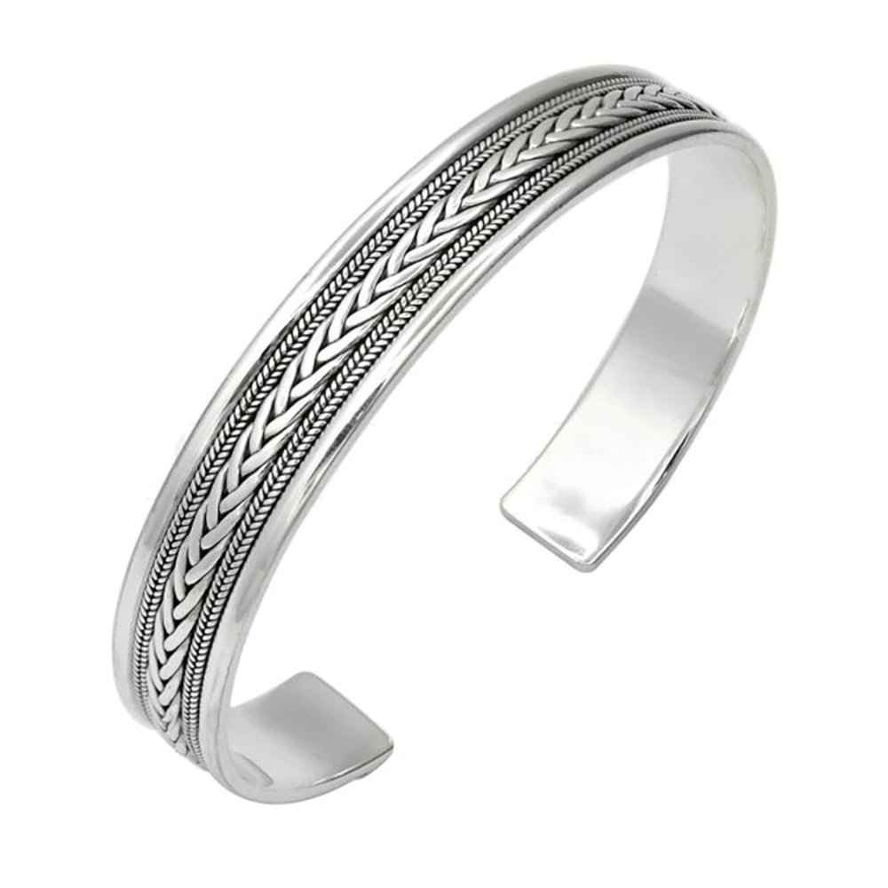 Treasure Bay Mens Womens Bracelet Braided Details Solid 925 Sterling Silver Bangle - adjustable