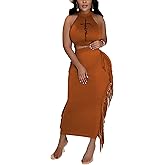 Vrtige Women's 2 Piece Outfits Halter Sleeveless Crop Top and Fringe Bodycon Maxi Skirt Set