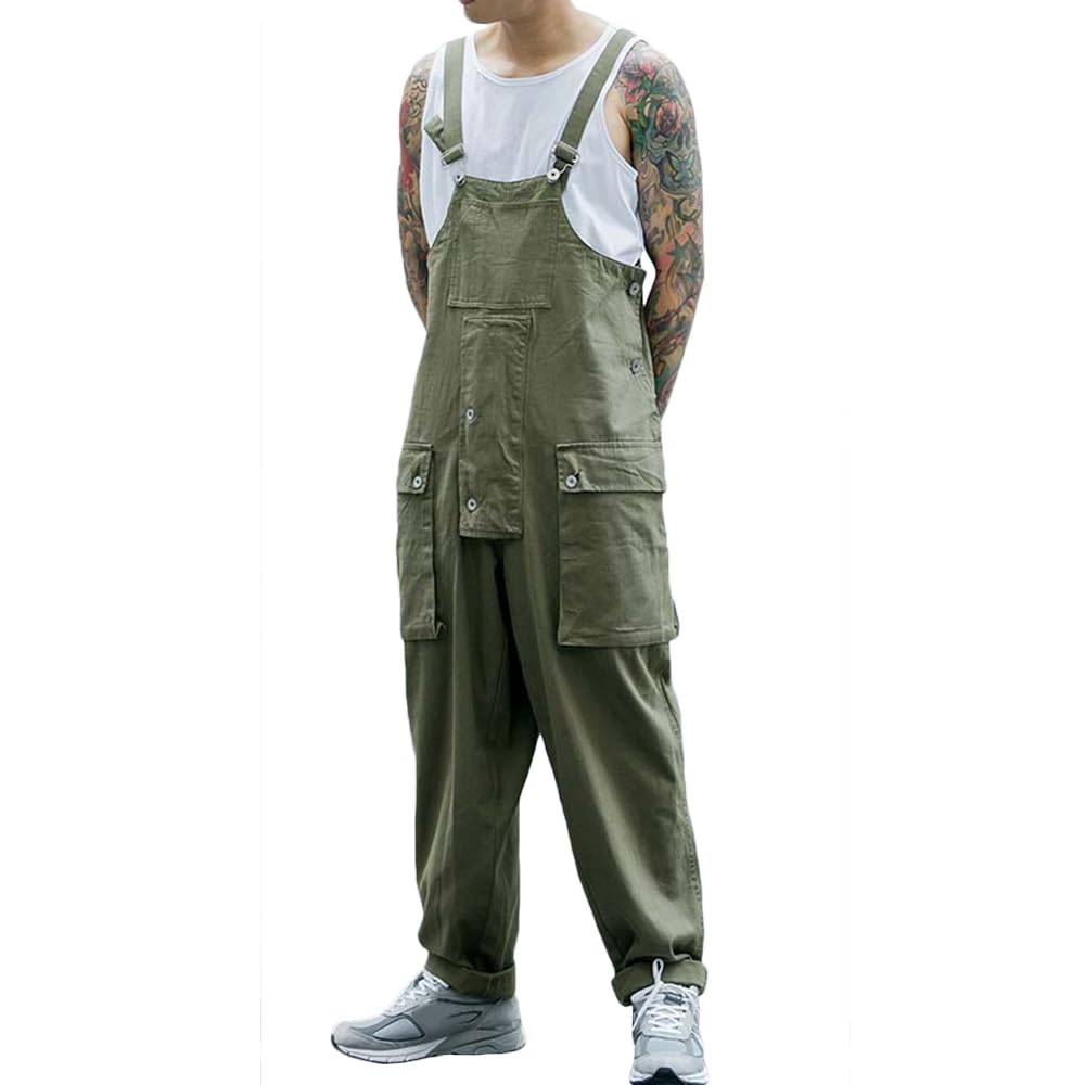 Photo 1 of Rexcyril Men's Bib Overalls Baggy Loose Fit Workwear Sloppy Dungarees Lightweight Work Coveralls with Cargo Pockets, Army Green, 34