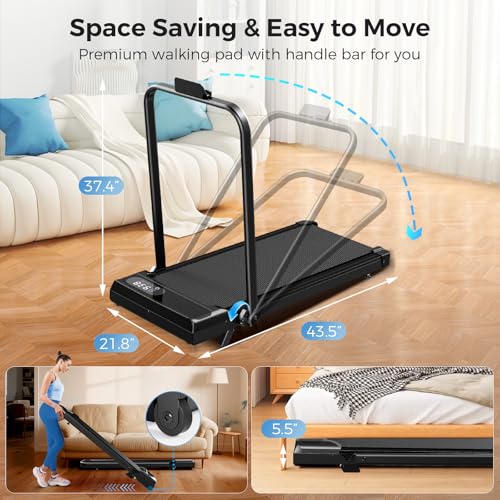 Aiteid Treadmil Foldable Portable Compact with 2.5-3.0HP Motor, 9-12% lncline, 350LBS Capacity, Under Desk Walking Pad for Home Office Small Space, Remote Control, Installation-Free, Quiet Brushless