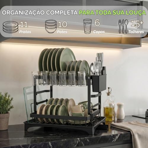 Escorredor de Louça Aço Inox 2 Andares Moderno com Drenagem Automática, Porta Talheres e Bandeja Coletora, Organizador de Pia para Pratos Copos e Utensílios, Resistente e Compacto