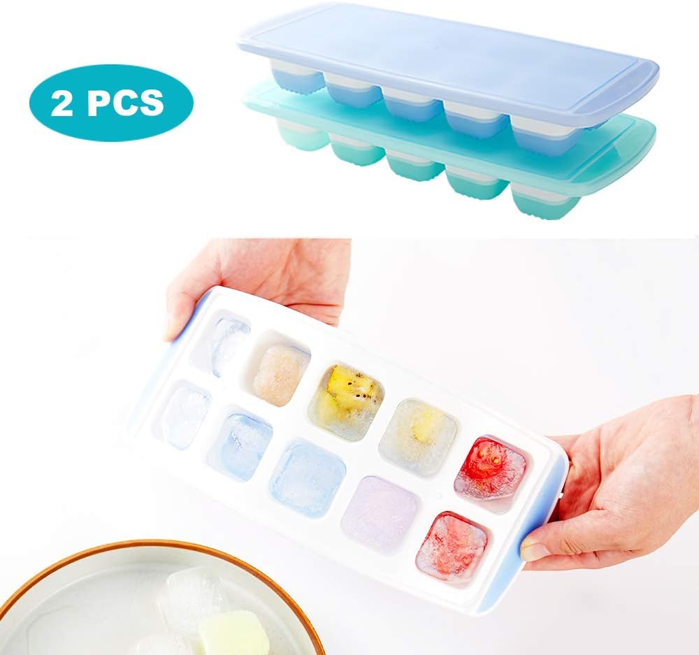 2PCS Premium Silicone Ice Cube Tray With Spill-Resistant Lids - BPA Free - Easy Release And Flexible – Make 20 Ice Cube - Large Square Ice Cube Molds – Blue&Green: Kitchen & Dining